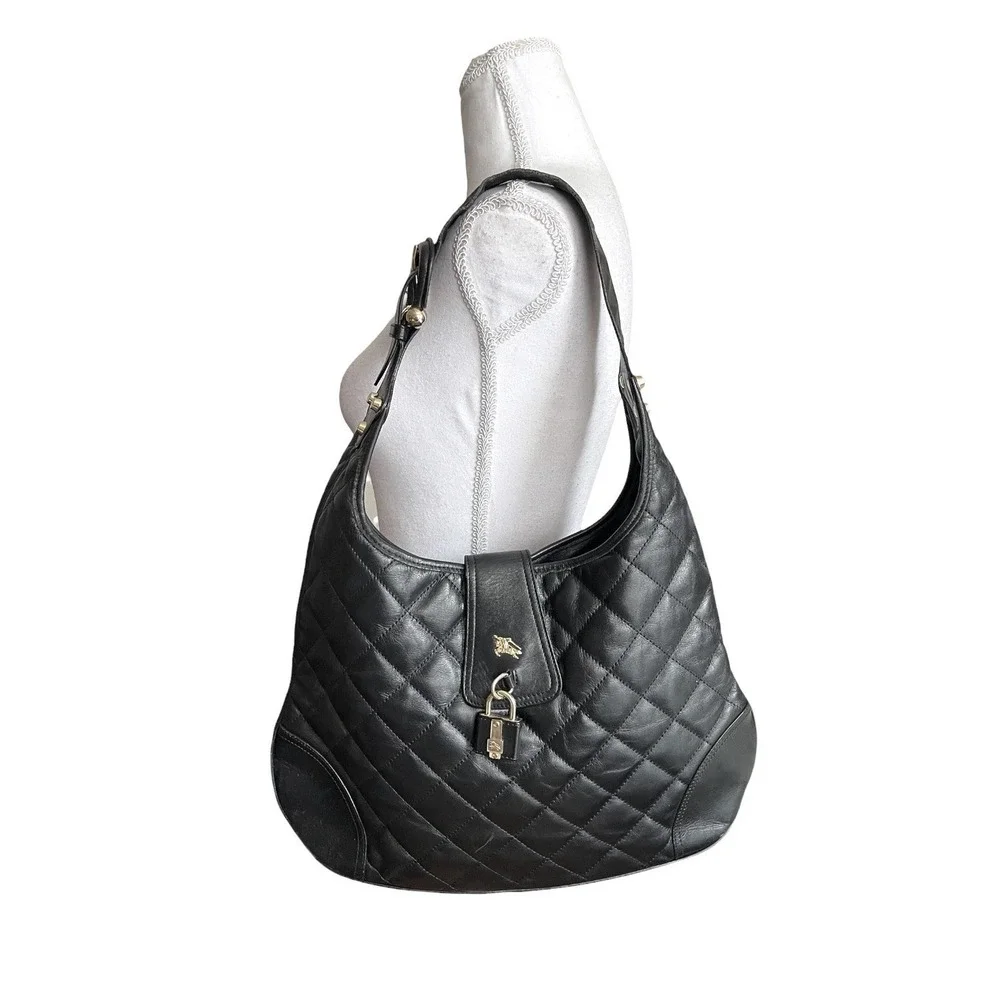 Y2K Burberry Brooke Padlock Black Quilted Leather Hobo Handbag Purse Equestrian